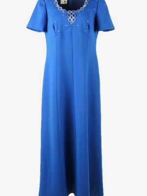 Vintage Embroidered Sleeveless Dress Retro 90s Blue Size UK 12/14