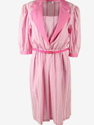 Vintage Long Dress Striped Belted Collared Neck Retro 90s Pink Size 40