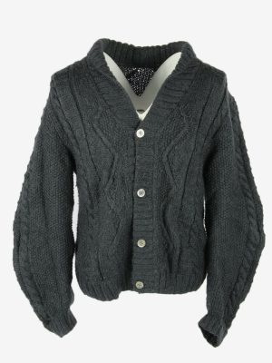 Cable Knit Wool Cardigan Vintage V Neck Button Pullover Dark Grey Size M