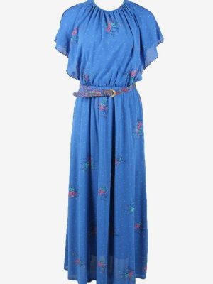 Floral Maxi Dress Vintage Lined Belted Long Elegant 90s Blue Size S/M
