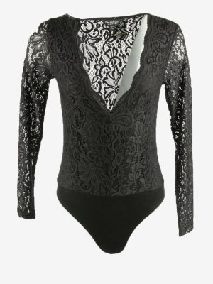 Sheer Mesh Bodysuit Embroidered V Neck Party Coktail Black Size S