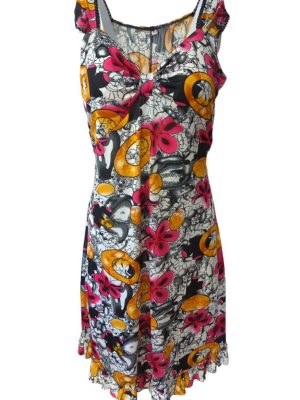Shift Dress Abstract Sleeveless Midi Self-Tie Plunge-V Printed Size L