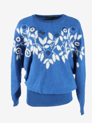 Vintage Cardigan Floral Long Sleeve Crew Neck Warm 90s Blue Size L