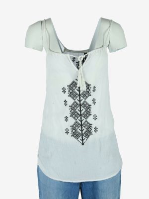 Vintage Hippie Gypsy Embroidered Blouse Indian Top Kaftan White Size L