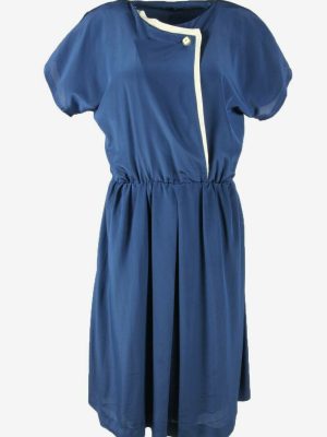 Vintage Long Dress Crew Neck Elasticated Waist Retro 90s Blue UK 14