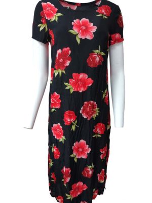 Womens Maxi Dress Rose Print Round Neck Slit Long Skirt Size L