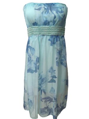 Womens Strapless Swing Dress Mesh Bandeau Top Midi Blue Floral Size M