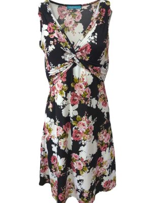 A-Line Dress Floral Self-Tie Plunge-V Printed Sleeveless Midi Size S/M