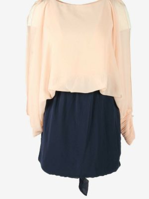 Chiffon Split Mini Dress Vintage Boat Neck Retro 90s Navy & Pink UK 12