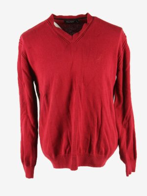 Nautica Jumper V Neck Vintage Long Sleeve Retro 90s Burgundy Size XL