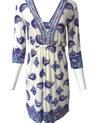 Paisley Print Dress V Neck Elastic Waisted Midi Half Sleeve Size S/M