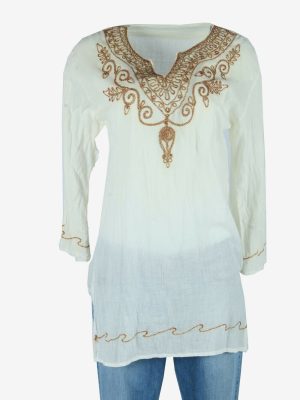 Vintage Embroidered Blouse Cotton Hippie Gypsy Top Kaftan White Size M