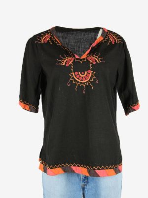 Vintage Embroidered Hippie Gypsy Blouse Tunic Top Kaftan Black Size L