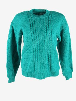 Vintage Jumper Cable Knit Crew Neck Long Sleeve Warm Turquoise Size S