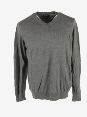 Nautica Jumper V Neck Vintage Long Sleeve Winter Retro 90s Grey Size M
