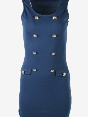 Plain Mini Dress Vintage Square Neck Bodycon Retro 90s Navy UK 4/6