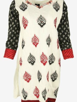 Authentic Vintage Indian 3/4 Sleeve Tunic Dress 90s White Size UK 14