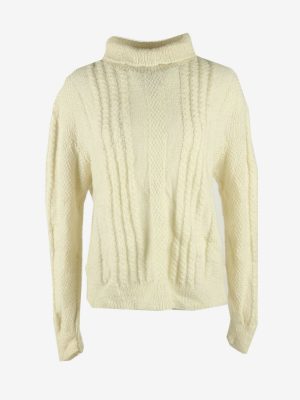 Cable Knit Vintage Jumper Turtle Neck Winter Warm 90s White Size L