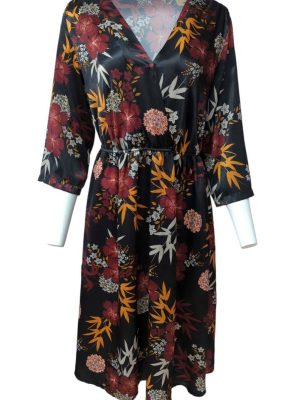 Floral Print Dress Wrap Front Detailed V Neck Japanese Style Midi Size M