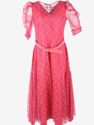 Lace Maxi Dress Vintage Crew Neck Fluffy Fancy Party Style Pink M