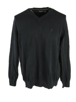 Nautica Jumper V Neck Vintage Long Sleeve Warm Retro 90s Black Size XL