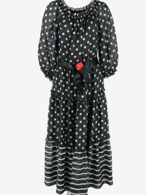 Polka Dot Maxi Dress Vintage Round Neck Party Fluffy 90s Black Size M