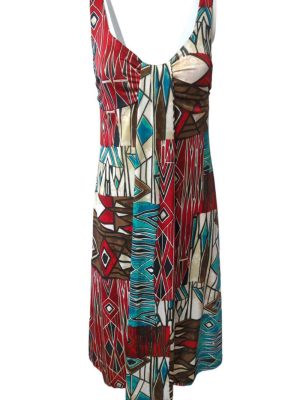 Shift Dress Patchwork Sleeveless Self-Tie Plunge-V Printed Midi Size M/L