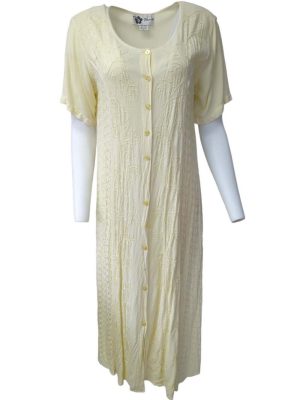 Vintage Dress Embroidered Short Sleeve Long Round Neck Ivory Size M