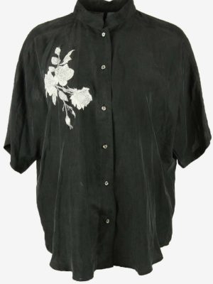 Vintage Floral Top Blouse Button Down Short Sleeve 90s Black Size XL