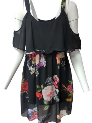 Womens Cold Shoulder Chiffon Dress Sleeveless Elastic Waist Size 8