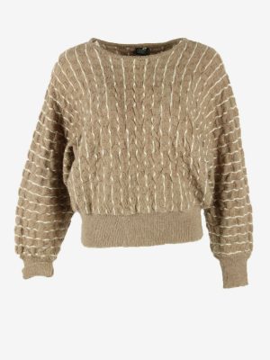 Ladies Jumper Vintage Crew Neck Striped Pullover 90s Beige Size M