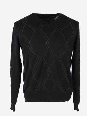 Vintage Diamond Pattern V Neck Jumper Golf 90s Black M