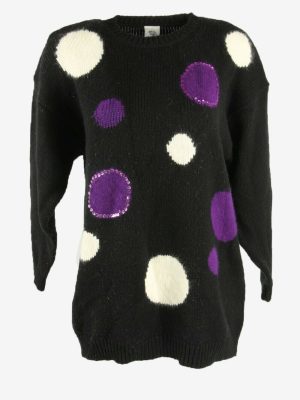 Vintage Jumper Polka Dot Long Sleeve Crew Neck Winter Black Size L