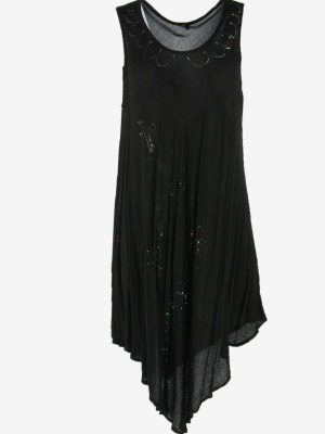 Floral Midi Dress Vintage V Neck Elastic Waist Black Size One Size