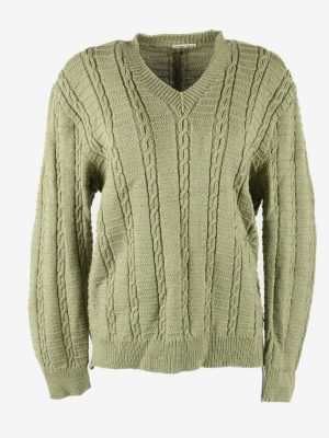 Jumper Vintage Cable Knit V Neck Winter Warm Retro Olive Size L