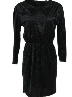 Velvet Midi Dress Vintage High Neck Elastic Waist Party 90s Black Size S