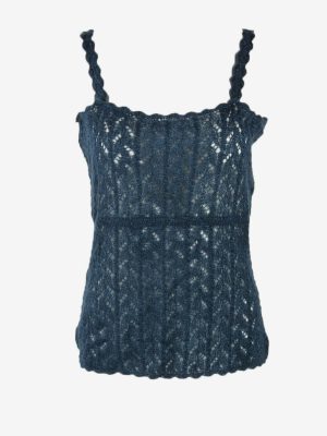 Vintage Blouse Knit Sleeveless Scoop Neck Winter Warm Retro Navy Size L