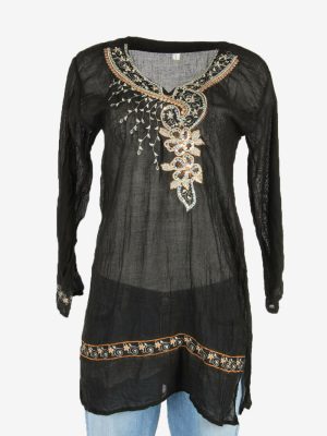 Vintage Embroidered Hippie Gypsy Blouse Tunic Top Kaftan Black Size L