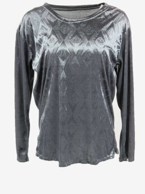 Vintage Velvet Blouse Crew Neck Party Cocktail 90s Grey Size L