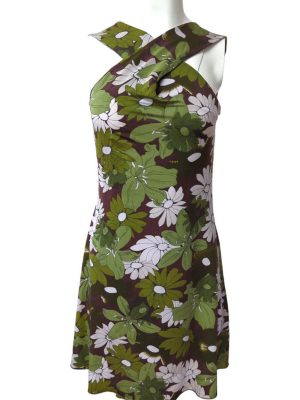 Women's Jersey Midi Dress Cross Strap Green Floral S