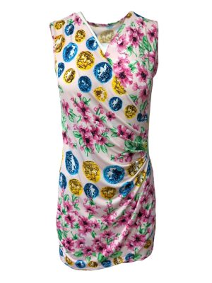 Women Wrap Jersey Dress Pink Floral Print V Neck Summer Size S