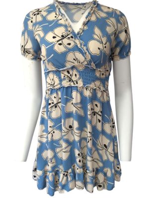 Womens Mini Dress Blue Pattern Short Sleeve Wrap Front V-Neck Size S